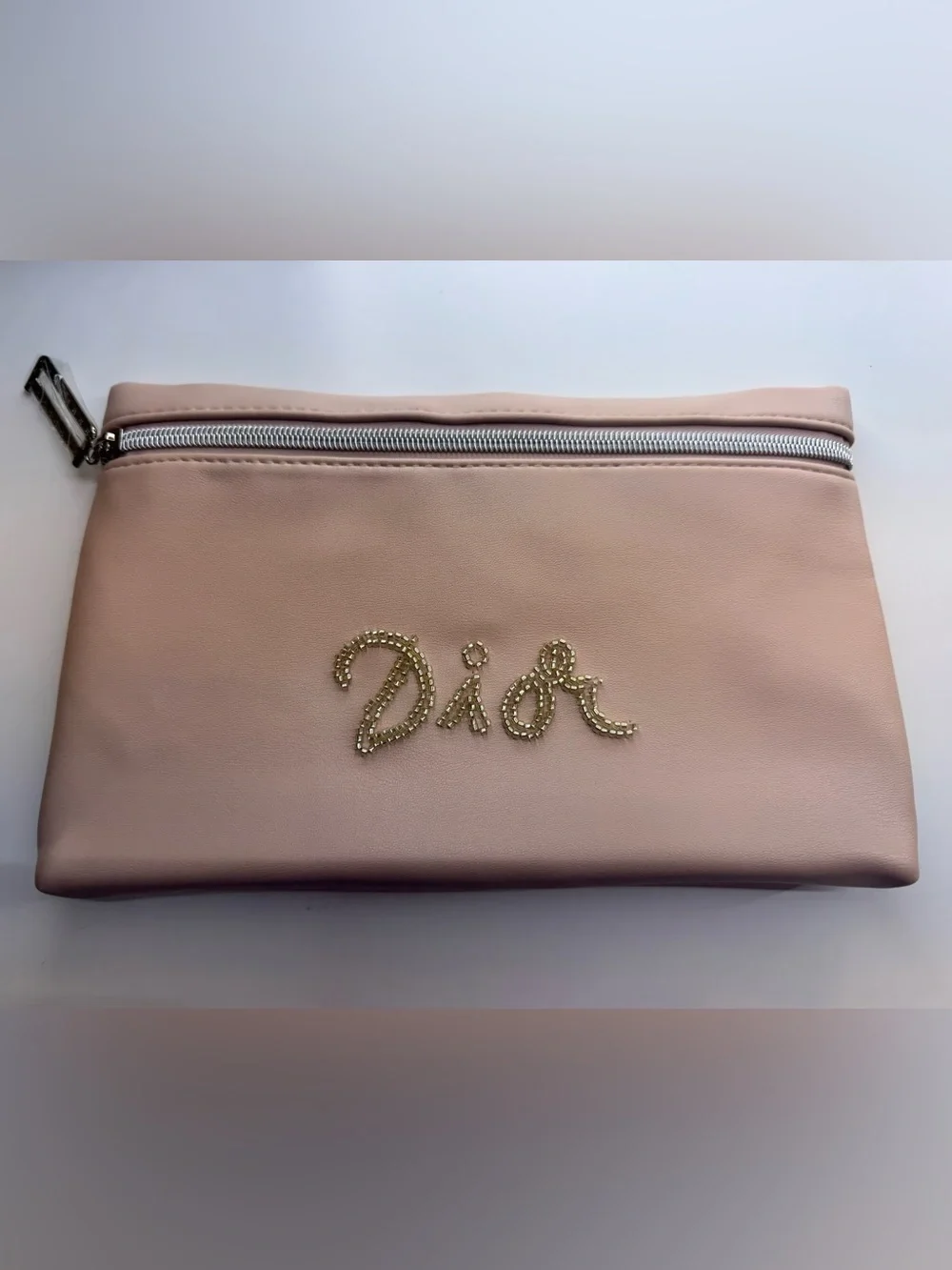 Dior Blush Pink Cosmetic Pouch with Gold Beaded Logo